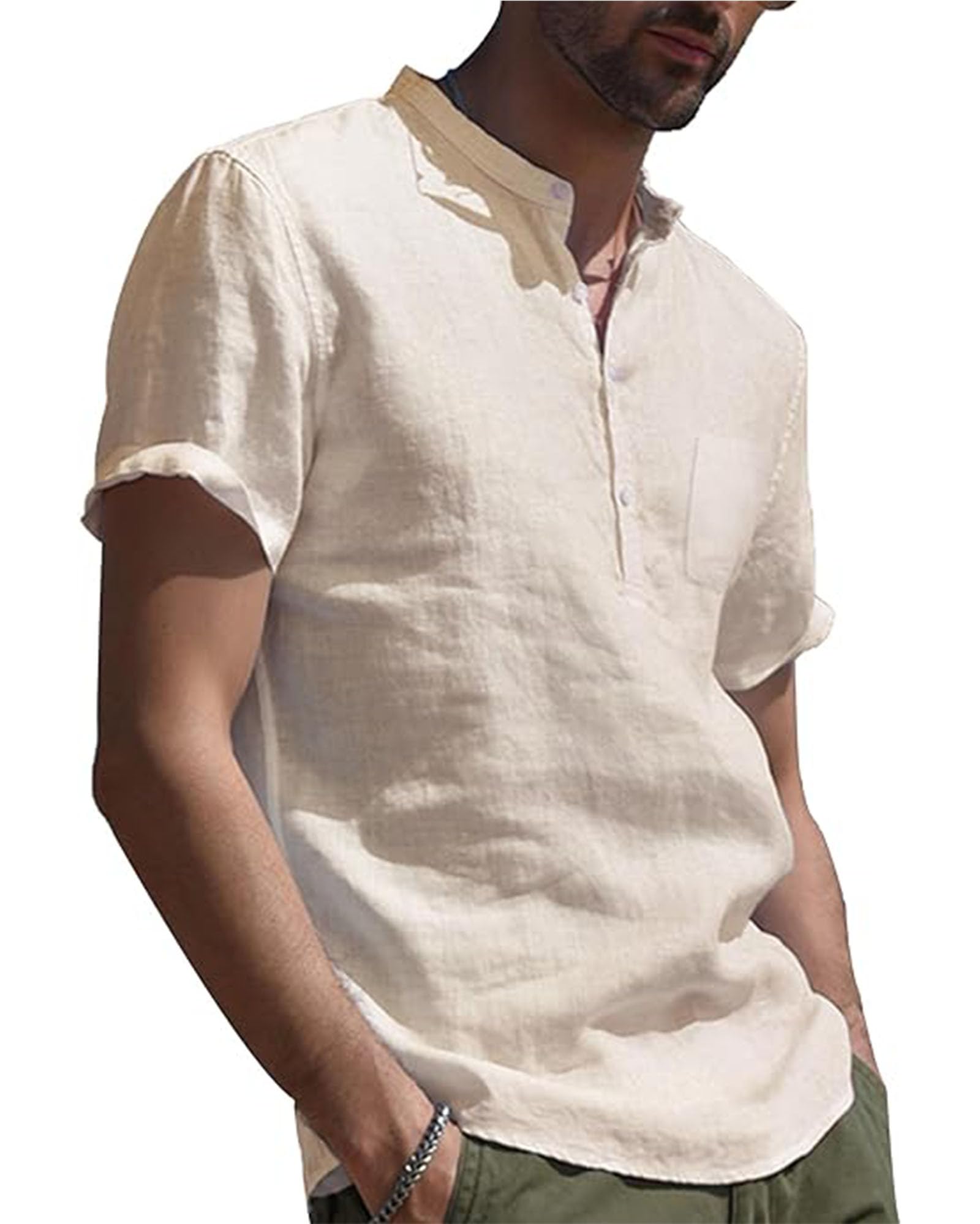 Leinen Hemd Herren Kurzarm Sommer Shirt Männer Henley mit Brusttasche Universal Fit M-3XL