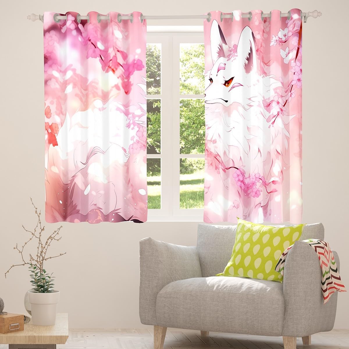 jejeloiu White Fox Darkening Drapes (2 Panels, 38 x 45 Inch) Kids Cherry Blossoms Curtains for Living Room Cute Cartoon Fox Animal 30%-50% Blackout Curtains Woodland Fox Pink Window Treatments