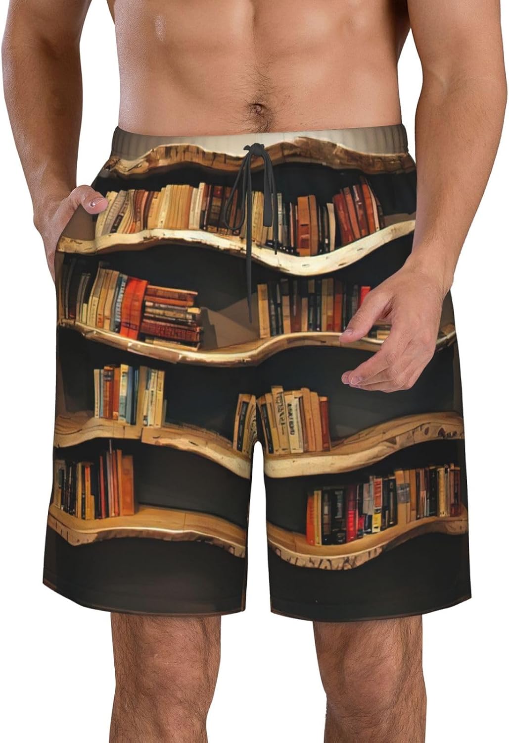 WURTON Funny Book Shelves Collection and Ladder Print Men's Swim Trunks Quick Dry Beach Shorts with Pockets Lining Swimwear