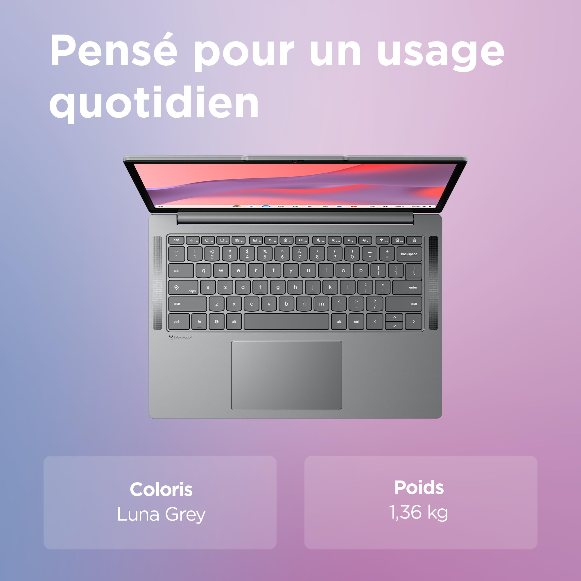 Lenovo Chromebook 14M8911 - Ordinateur Portable 14'' WUXGA (MediaTek Kompanio 540, RAM 8Go, SSD 128Go, Arm Mali-G57 MC2 GPU, Chrome OS) Clavier AZERTY Français - Gris Luna