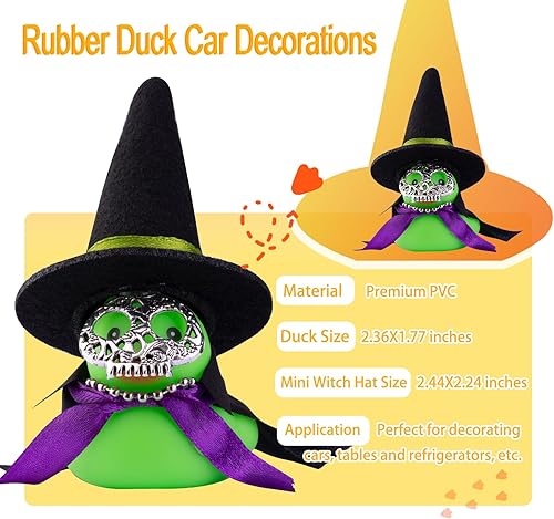 Miniatura 2 de Adornos de pato de goma para automóvil, decoraciones de tablero de automóvil con mini sombrero de bruja, capa, collar, accesorios de Halloween para