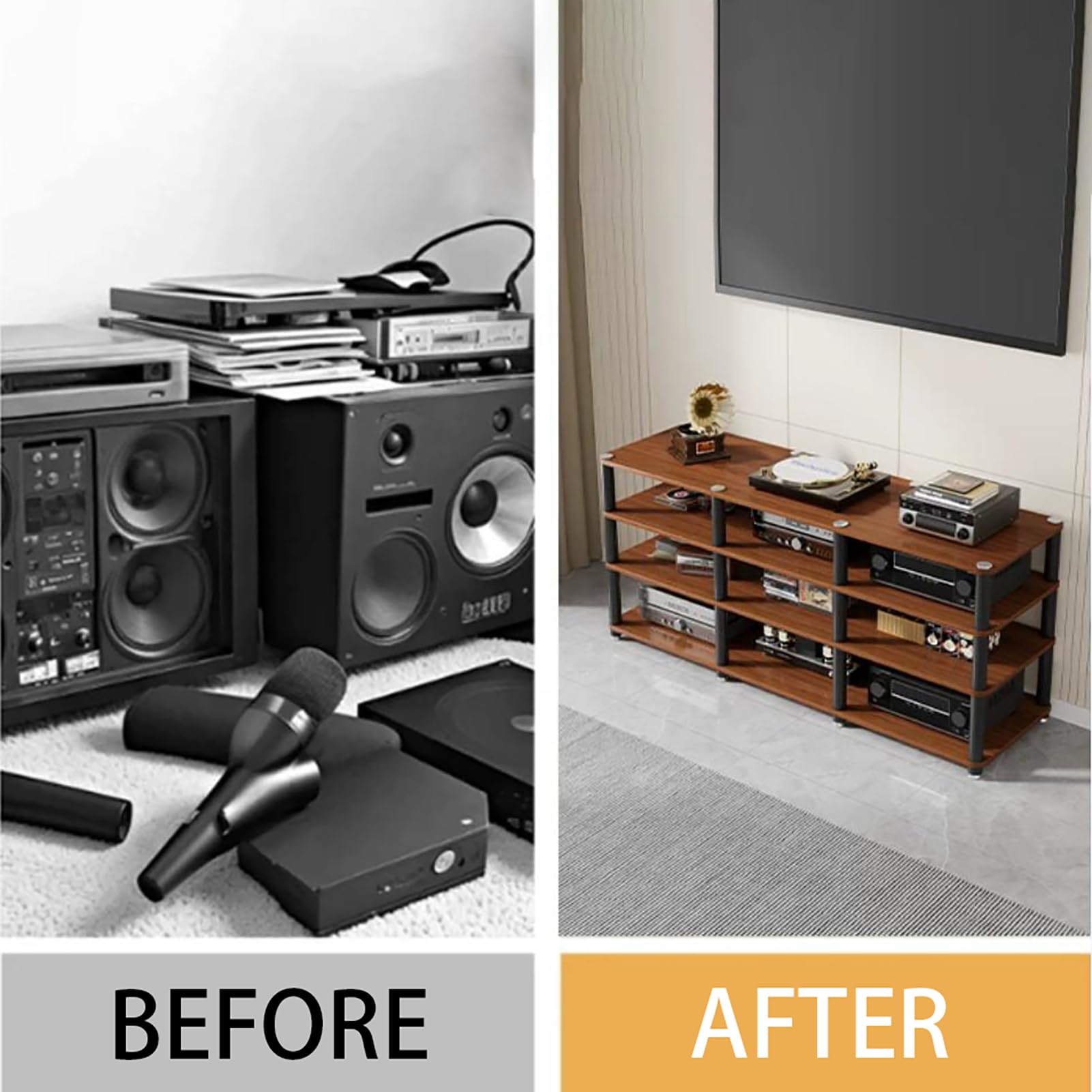 Soporte multimedia AV, torre de rack de audio de 2 niveles para cine en casa, gabinete de componentes estéreo, acabado natural, diseño compacto para almacenamiento y organización de medios