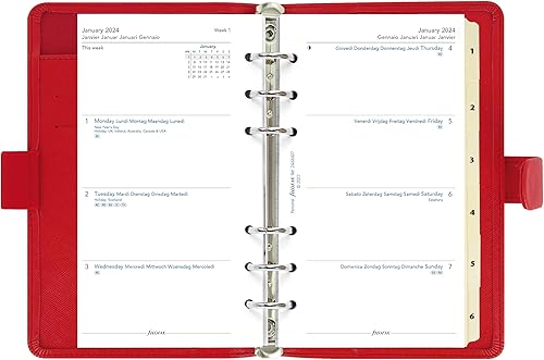 Miniatura 7 de Filofax Saffiano - Organizador personal compacto, amapola, grano cruzado, aspecto de cuero, seis anillos, calendario semanal para ver, multilingüe,