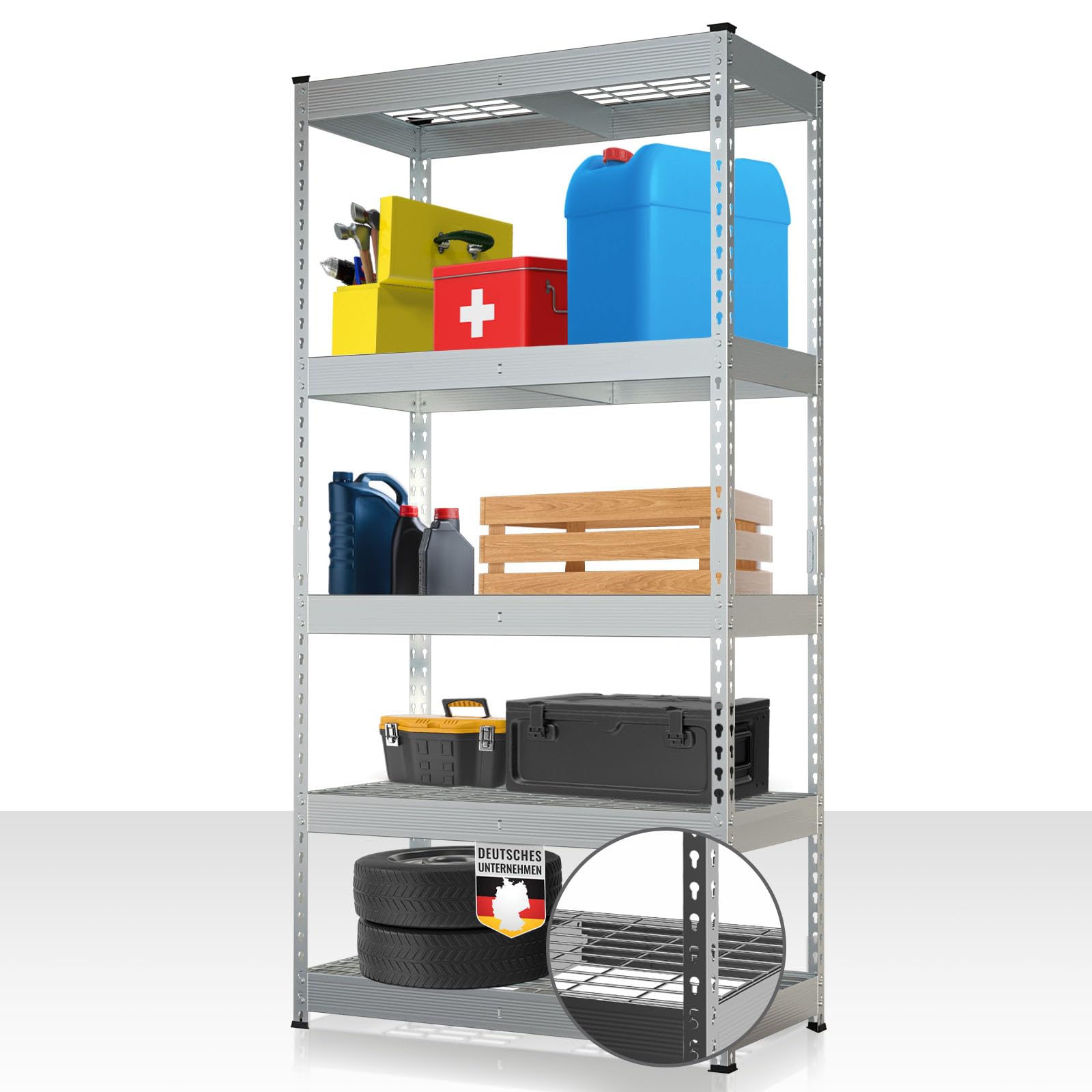 Floordirekt Galvanised Heavy Duty Shelving Yukon Rivet 180 X 90 X 45 Cm, 5 Tier Steel Shelving Unit With Grid Shelves 250-350 Kg Load Capacity Per Tier Various Sizes & Colours