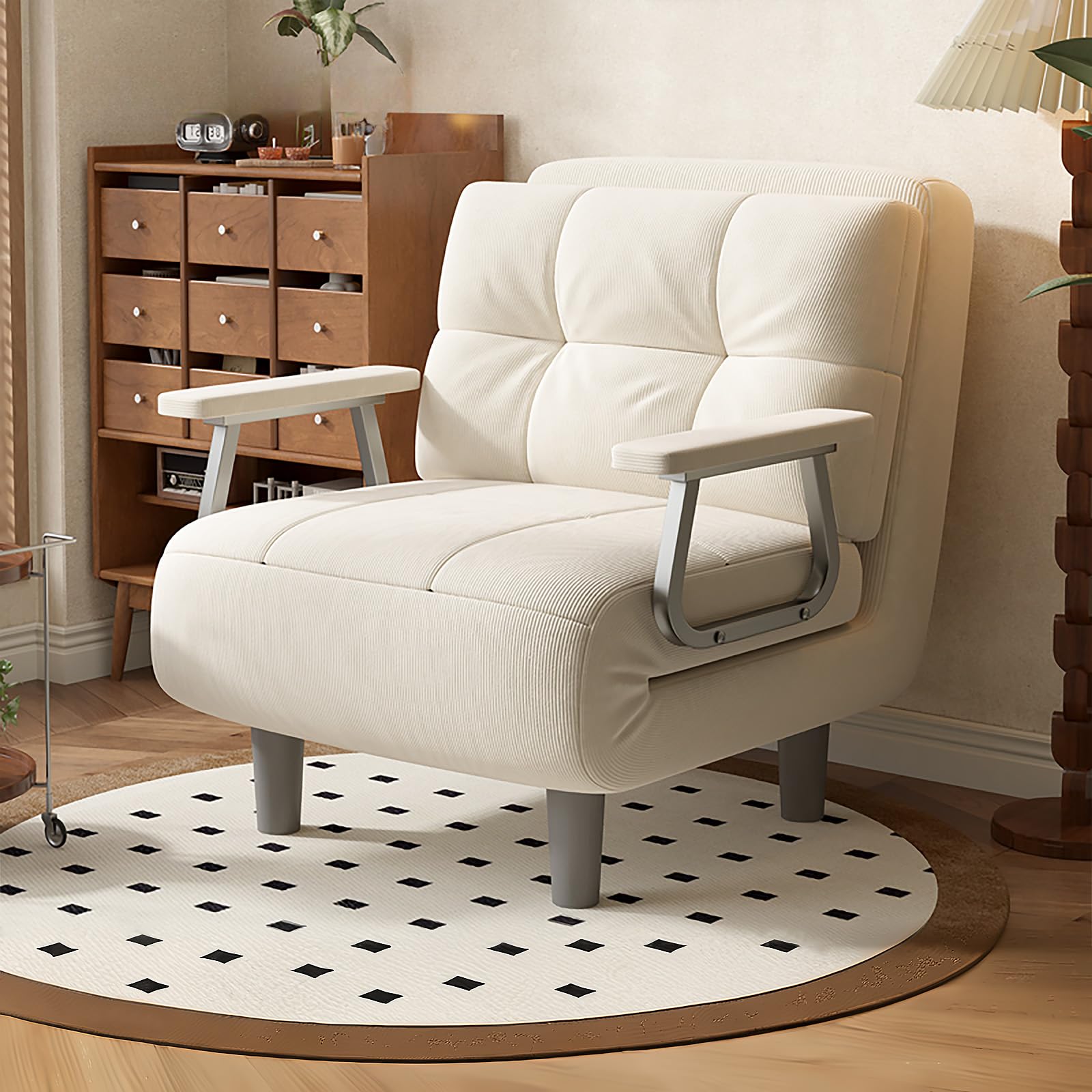 Fabulcozy - Calentador de Sofá Cama, Sillón Convertible de 1 Plaza, Gran Comodidad Desmontable con Cojín, Apoyabrazos de Metal y Patas (Blanco Roto)