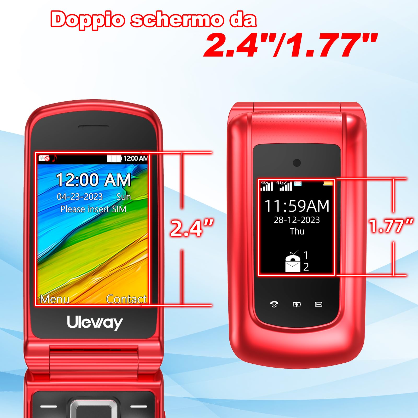 CHAKEYAKE 4G Telefono Cellulare per Anziani,Dual SIM, Flip Telefoni Cellulari con Tasti Grandi, Funzione SOS, Volume alto, 2.4"+1.77" Doppio Display, Torcia, Base (Rosso)