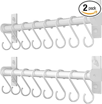 Dseap Kitchen Utensil Holder Hanger, Pot and Pan Rack Wall Mounted, Kitchen Rail with 8 Hooks for Hanging Cooking Utensils, Mugs, Spoons, Wall Mounted, White, Pack of 2