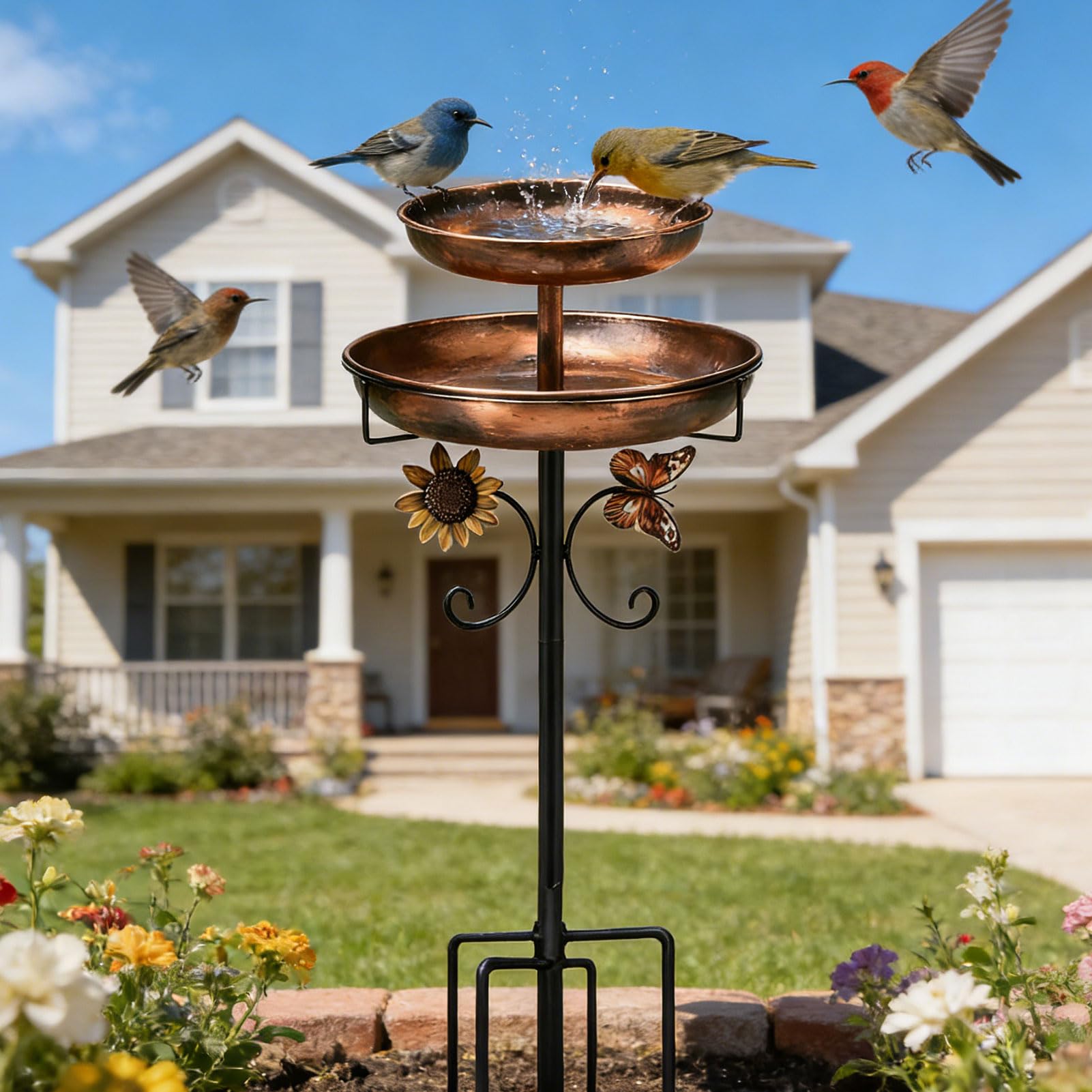 Lergas Bebedero para pájaros de pie, baño para pájaros para exterior, jardín, 2 en 1, de metal, bebedero para pájaros, bebedero para pájaros antiguos, resistente al invierno, para exteriores, balcón