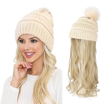 AynnQueen Beanie with Hair Attached for Women Slouchy Cable Hat Wig Knit Beanie Winter Hat with 20inch Removable Hair Extensions Wig Ash Blonde-Khaki Hat