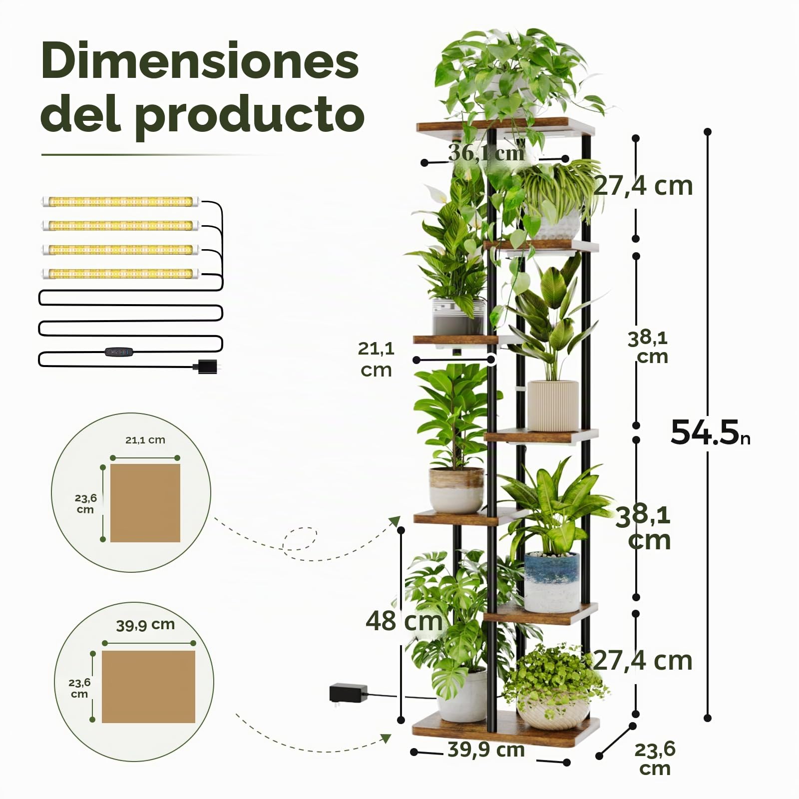 Bamworld Soporte para plantas de 7 Niveles con Luz de Crecimiento, Soporte de Metal Grande para Múltiples Plantas en Interior Exterior Jardín Balcón