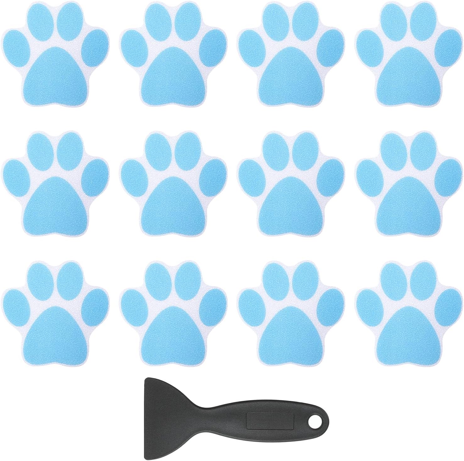 PATIKIL 12 Pcs Non Slip Bathtub Stickers, Anti Slip Shower Stickers with Scraper Bathroom Shower Floor Decals Paw Print Shape Cute Treads Tubs, Blue