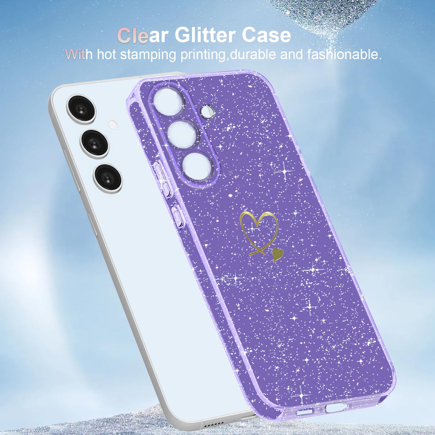 Cover Compatibile con Samsung Galaxy S25 FE 5G ((Non per S25), con 3 Pezzi Vetro Temperato Pellicola Protettiva, Glitter e Antimpronta Custodia, Antigraffio e Morbido Caso - Viola