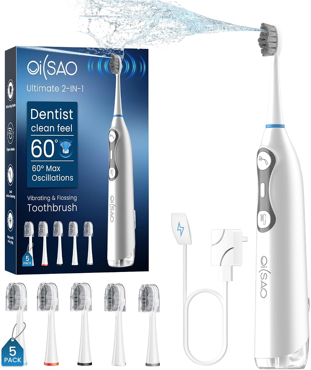 Cepillo de dientes eléctrico con hilo dental para adultos, sónico e inalámbrico 3 en 1 | Combo de cepillo sónico e hilo dental, batería de 30 días, 3 modos de hilo dental y 3 cepillos, compatible con aparatos ortopédicos, encías sensibles, 5 cabezales de cepillo