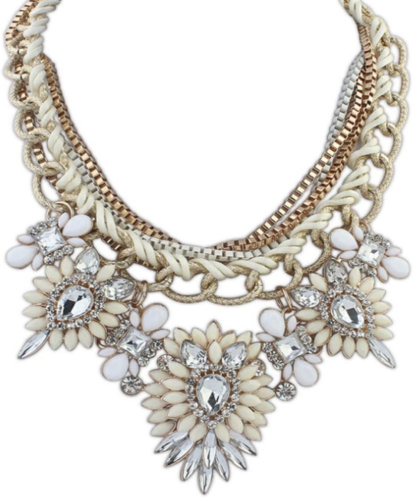 Eyourlife Christmas Hot Multi-Layers Flower Pendant Statement Chunk Collar Necklace (Beige+White)