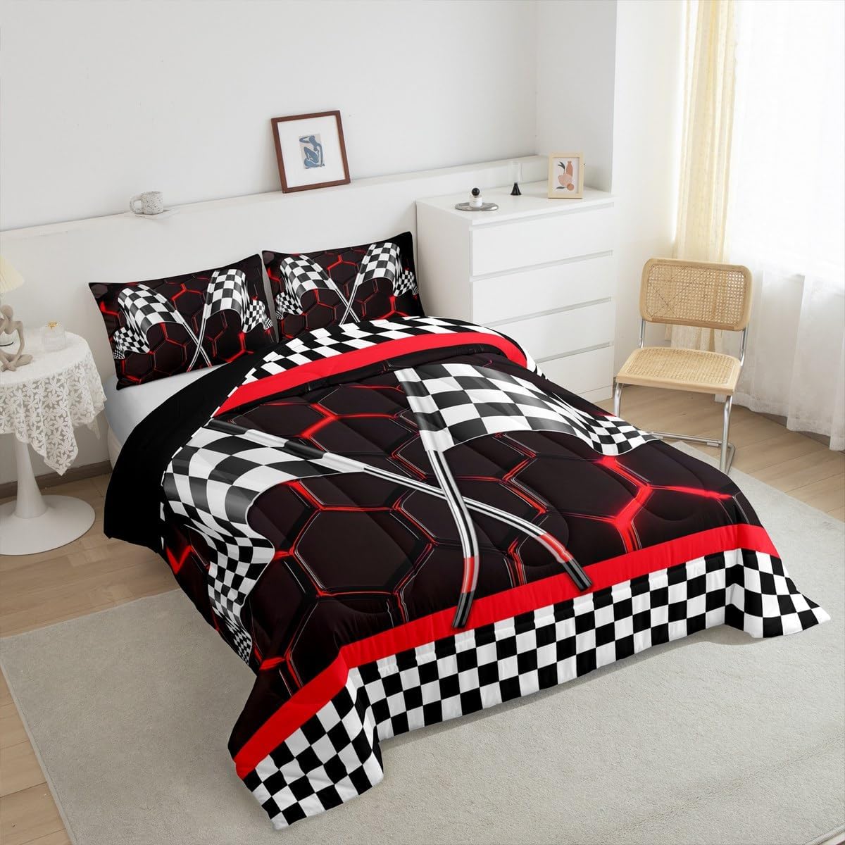 Erosebridal Boys Racing Car Comforter Set Queen,Black and White Race Flag Bedding Set for Kids Teens,Red Neon Lights Hexagon Honeycomb Quilt,Geometric Beehive Plaid Grid Checkered Duvet Insert