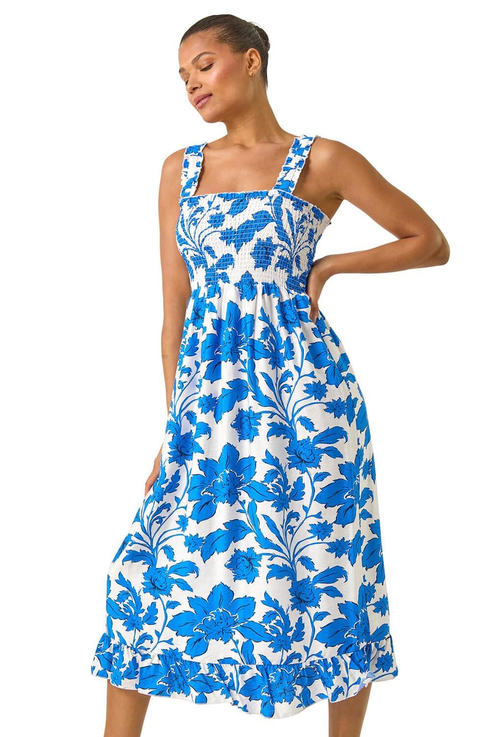 Roman Originals Women's Blue Floral Shirred Midi Dress For Uk - Everyday Holiday Spring Summer Square Neckline Comfy Soft Evening Vacation Work Party - Size 20