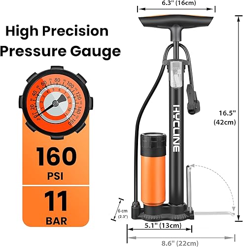 Miniatura 3 de Hycline Bomba portátil para bicicleta de piso bomba de neumáticos de bicicleta - Bombas de aire de alta presión de 150160 PSI con válvula Presta y