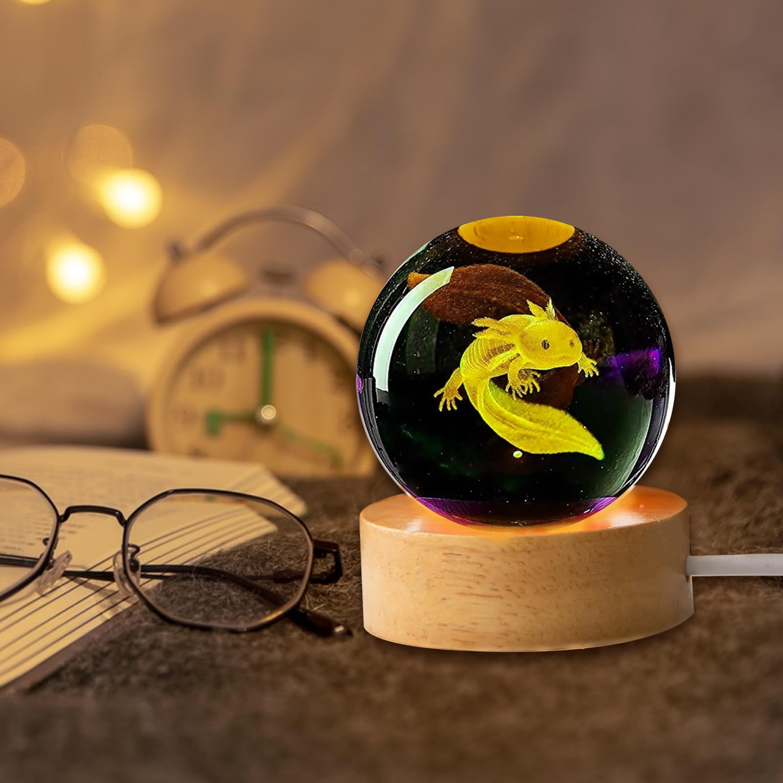 Lampada Notturna 3D Axolotl In Sfera Di Cristallo K9, 8 Cm, Base In Legno, 16 Colori Con Telecomando, Regalo Originale