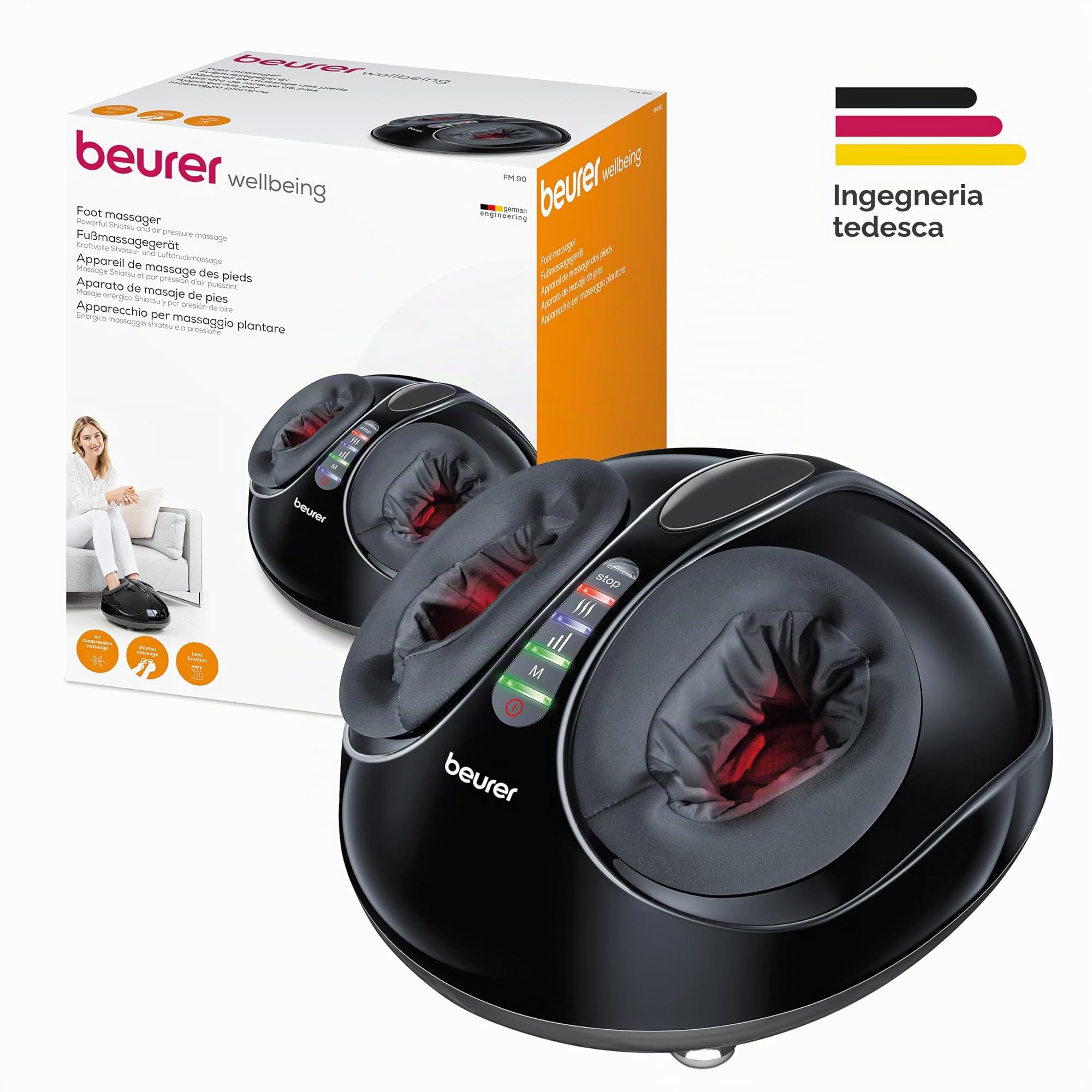 Beurer FM 90 Massaggiatore Plantare Shiatsu con Aria Compressa, Funzione Calore, 3 Programmi e Intensità Regolabile, Massaggio Riflessologico per Piedi e Talloni, Fodera Lavabile, fino al 46