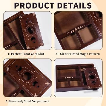 GLOBLELAND Moon Star Tarot Card Holder Stand Display 9.5x7.48x1.23in Coconut Brown Tarot Card Accessories Crystal Organizer Decorative Box for Altar Decor Tarot Card Crystal Holder Case