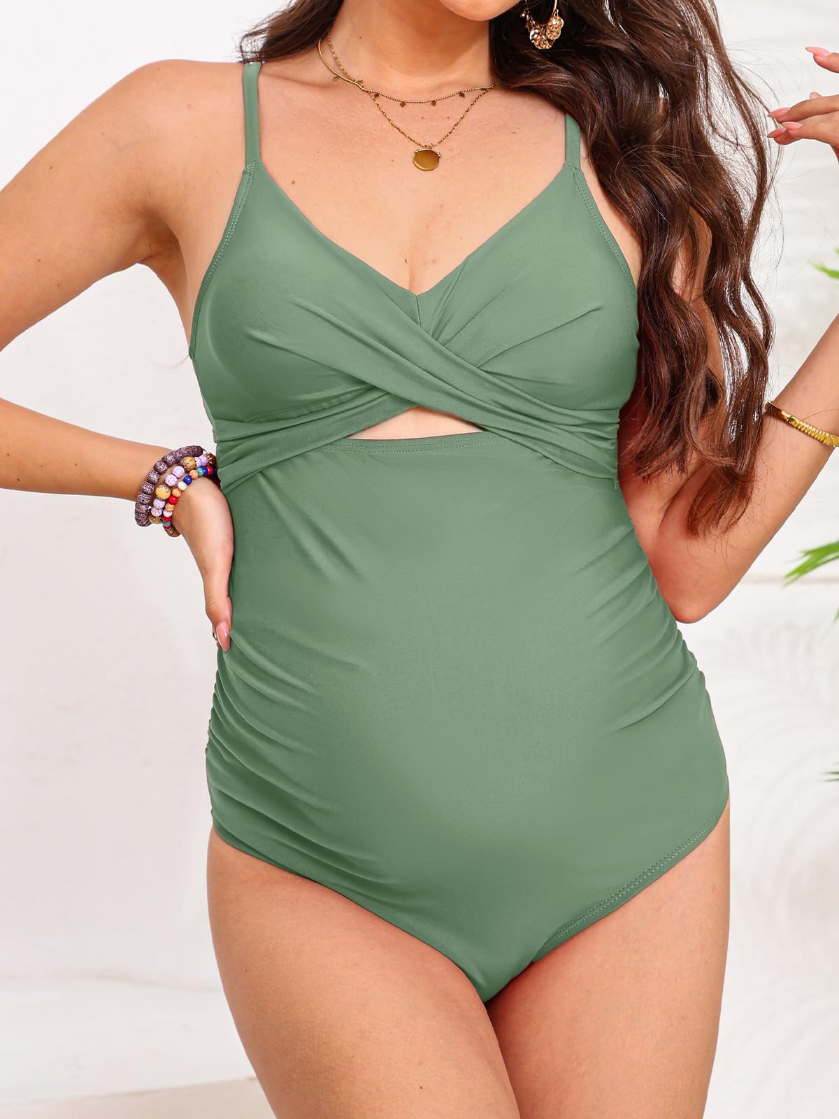 CUPSHE Maillot de bain une pièce pour femme - Enveloppé sur le devant - Maillot de bain de grossesse froncé - Crochet dans le dos