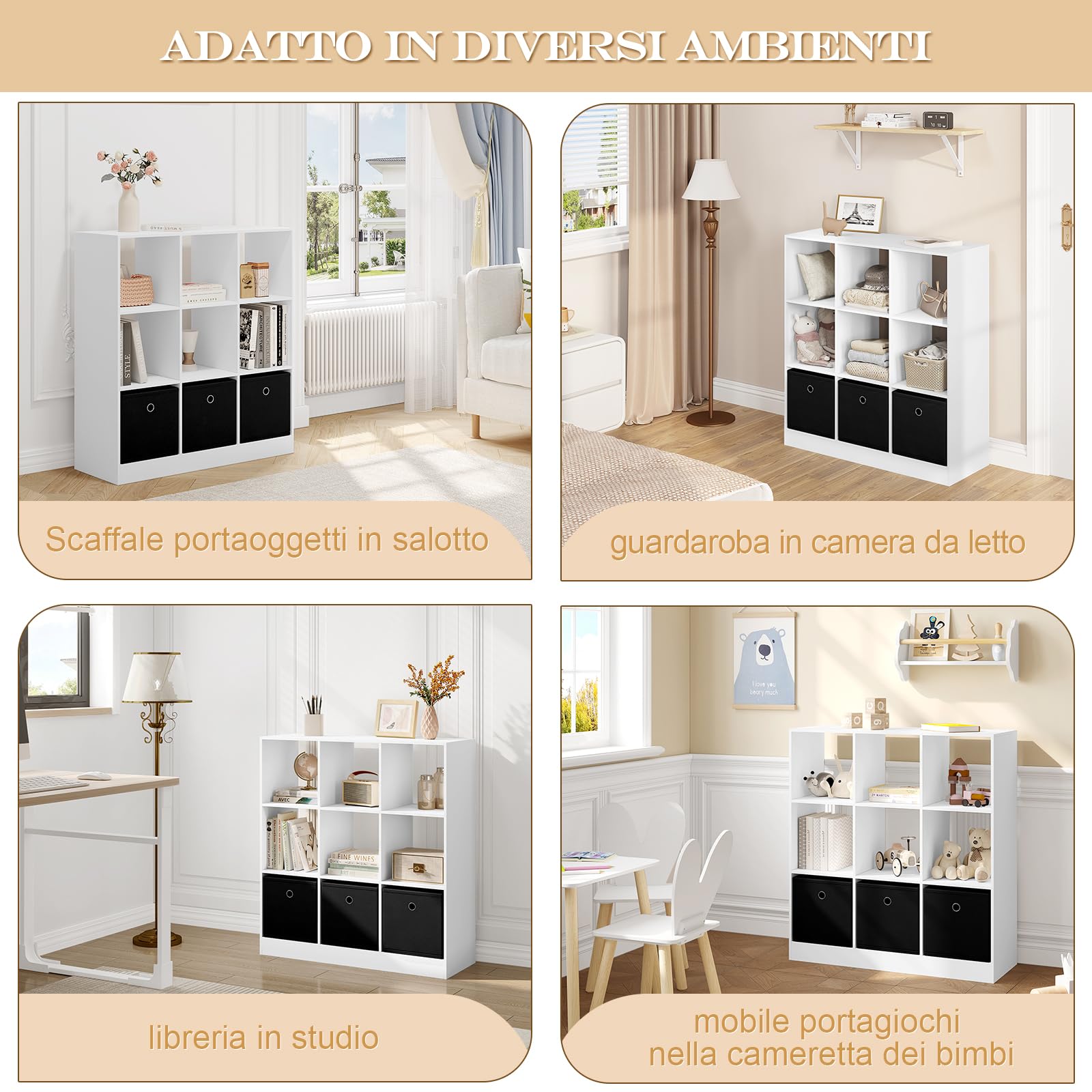 WOLTU Libreria Bianca, Libreria a 9 Cubi Portaoggetti, Scaffale in Legno con 3 Cassetti in Tessuto Non Tessuto, per Soggiorno, Camera da Letto, Ufficio, 80x30x86,5 cm, SK041ws