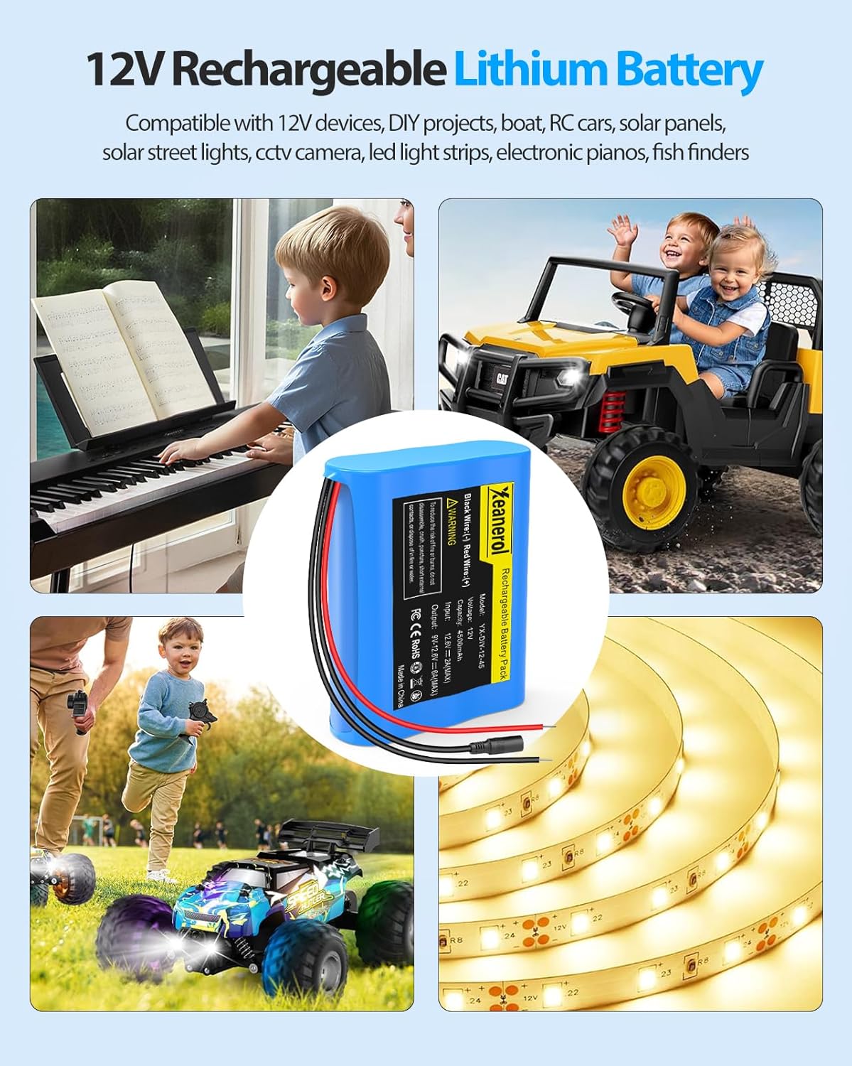 12V 4500mAh Rechargeable Li-ion Battery Pack with Charger, Bare Leads Wire Replacement Lithium Battery Compatible with 12 Volt Devices RC Car, Boat, Robot, DIY, LED Light Strip, CCTV Camera