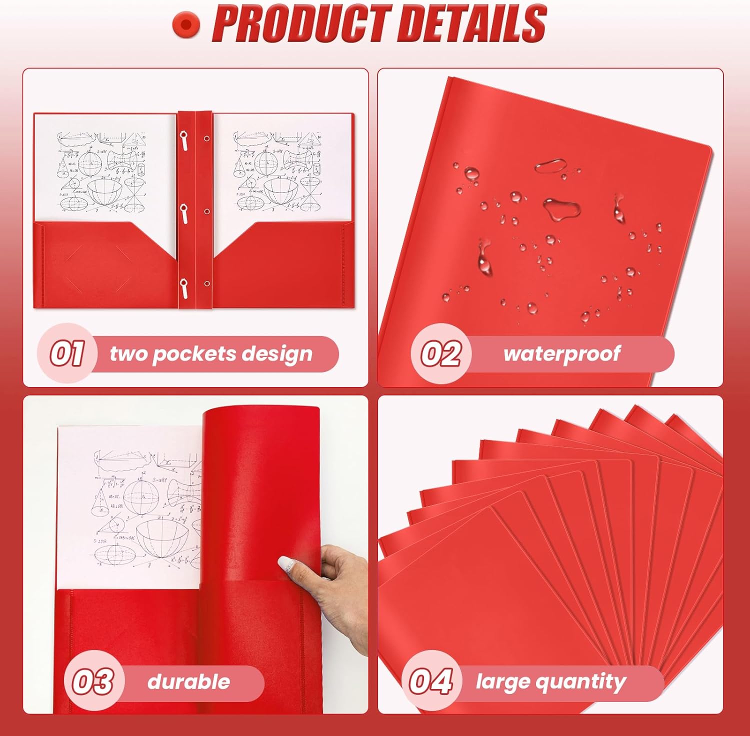 Yeaqee 30 Pcs Plastic Folders with Pockets and Prongs Plastic Folder 2 Pockets 3 Prongs with Card Slot for Office, School for Students, Teachers, Office Workers (Red)
