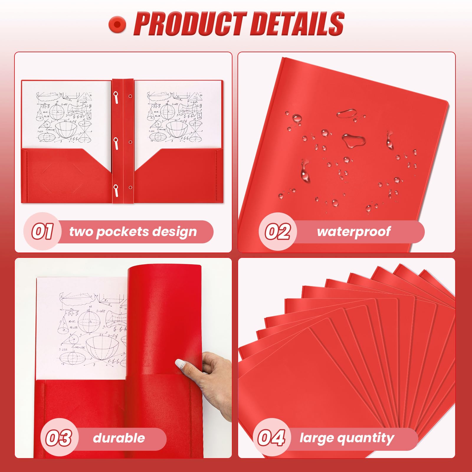 Yeaqee 30 cartelline in plastica con tasche e rebbi, con rebbi, cartelle in plastica con 2 tasche, per ufficio, scuola per studenti, insegnanti, impiegati (rosso)