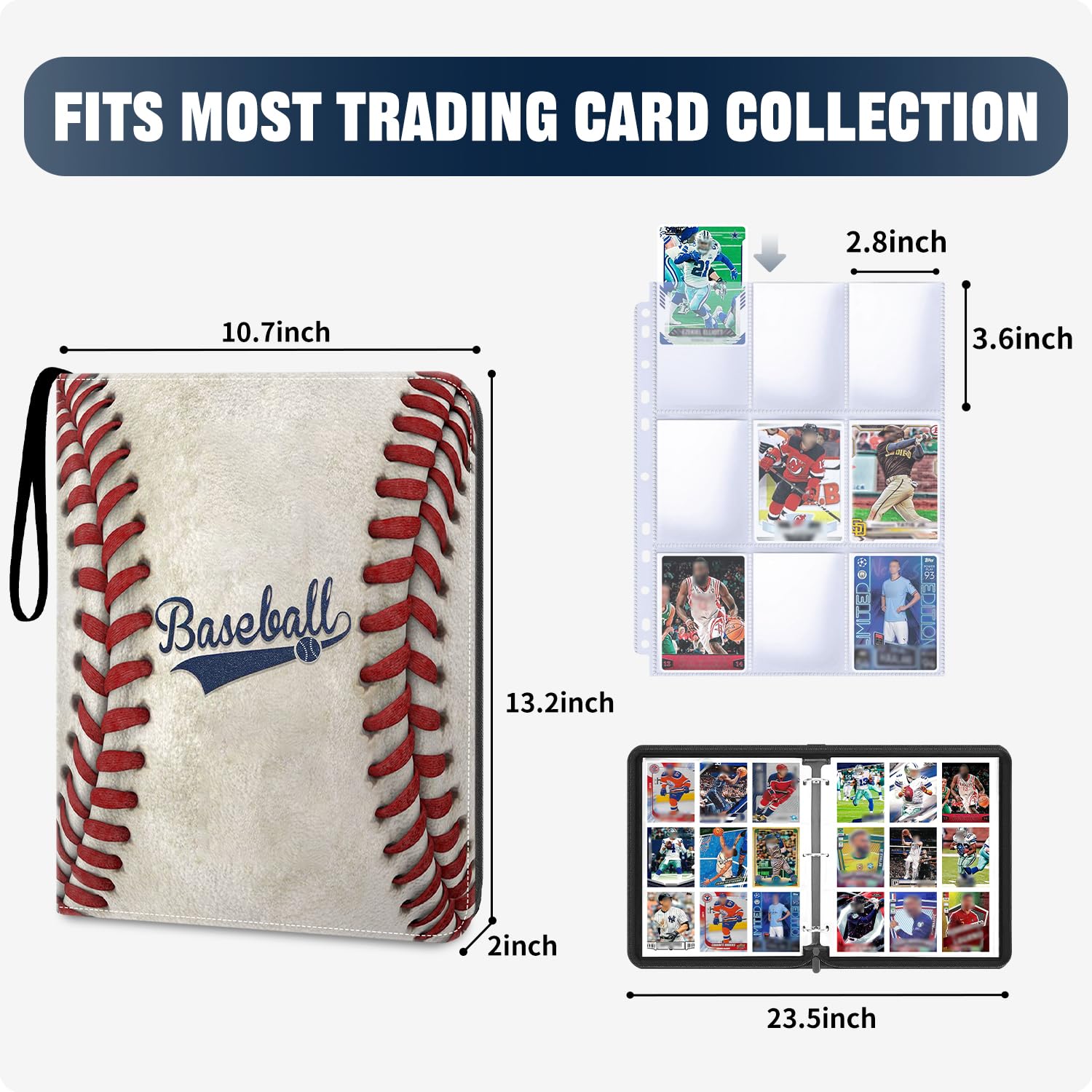 HESPLUS Baseball Card Binder 900 Pockets, 50 Sleeves Large Baseball Binder 3 Ring Zipper Trading Cards Holder 9 Pocket, Sport Card Collection Book Storage Organizer, Album Folder Protector Collector