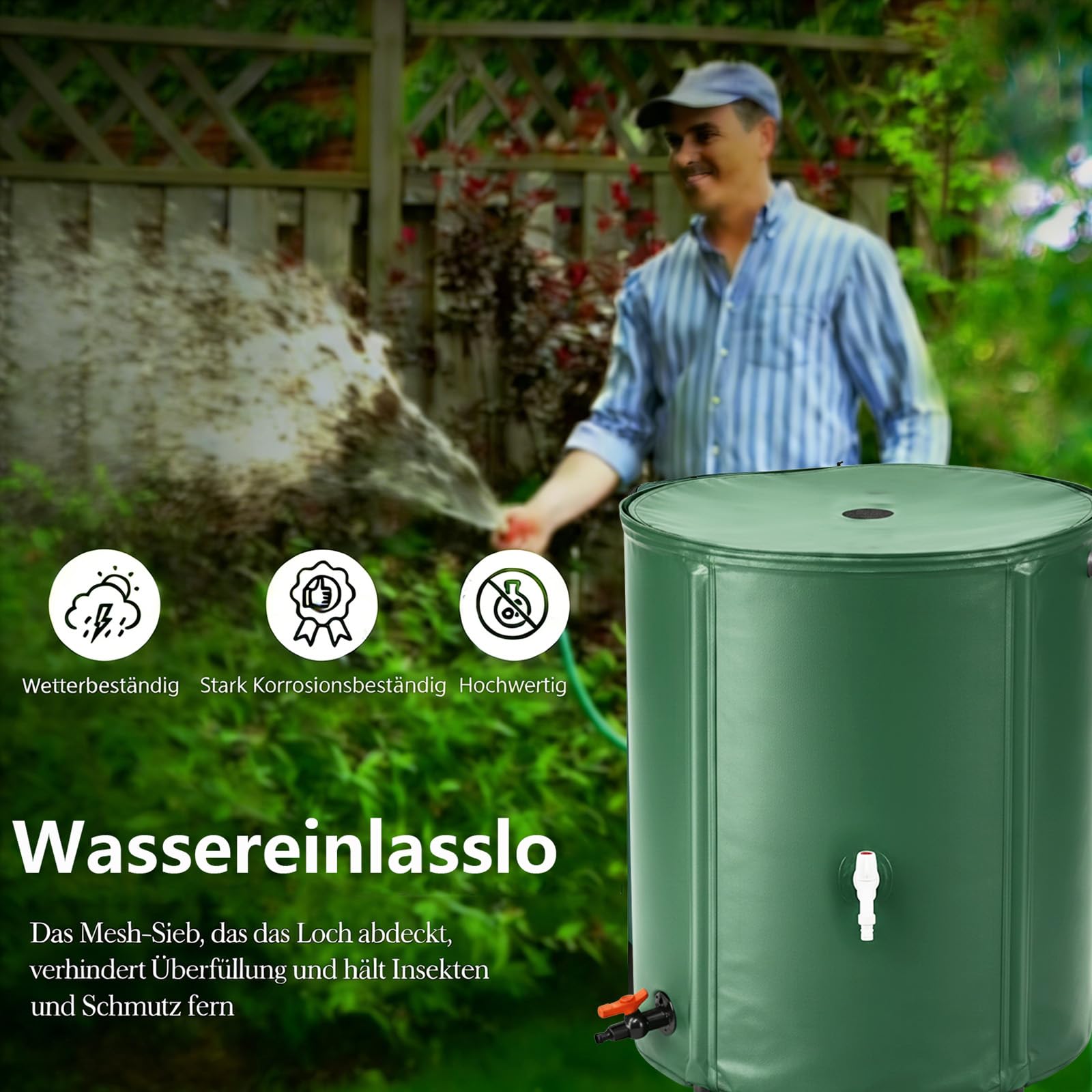 Faltbare Regentonne 250L Regenwassertank aus PVC Gartenwassertank mit Deckel, Wasserhahn, Überlaufventil Regenwassertonne Regensammler platzsparender Regenfass für Garten, Terrasse und Balkon