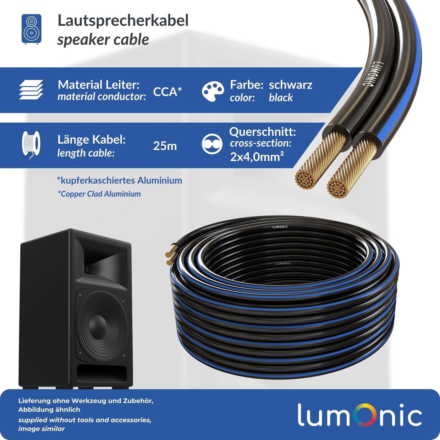 Lumonic Cables de altavoz | 25m Negro | 2x 4mm² CCA | Marcado azul Cable de altavoz HiFi | Línea doble de audio