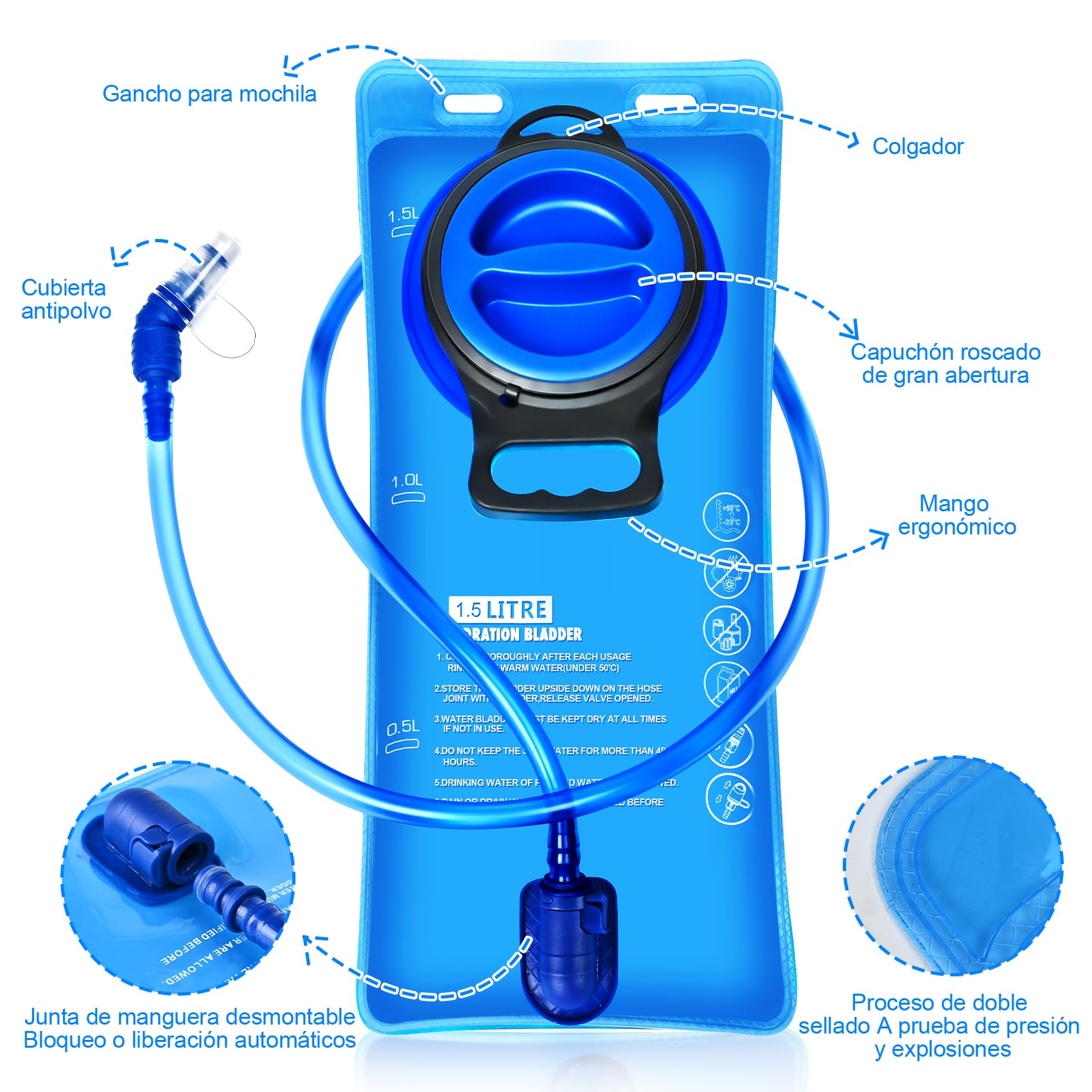 Bolsa de hidratación de 1,5 L, 2 L, 3 L, sin BPA, a prueba de fugas, gran apertura, bolsa de almacenamiento de agua, mochila militar, bolsa de almacenamiento de agua para ciclismo, senderismo,