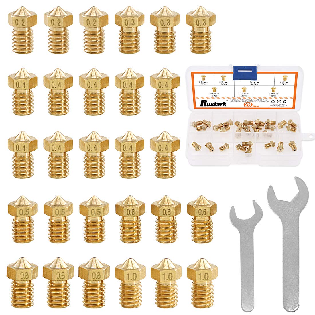 30pcs 3D Printer Nozzle kit Brass J-Head Extruder Print Heads 0.2mm 0.3mm 0.4mm 0.5mm 0.6mm 0.8mm 1mm Tools with 2 Pack Spanner for V5 V6 Nozzles Replacement Removal