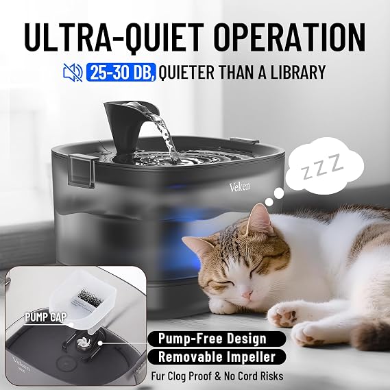 Veken 85oz/2.5L Cat Water Fountain with Detachable Tank & Secure Clips