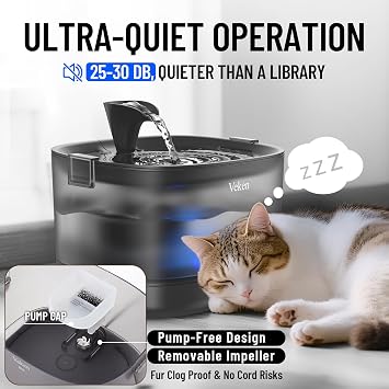 Veken 85oz/2.5L Cat Water Fountain with Detachable Tank & Secure Clips