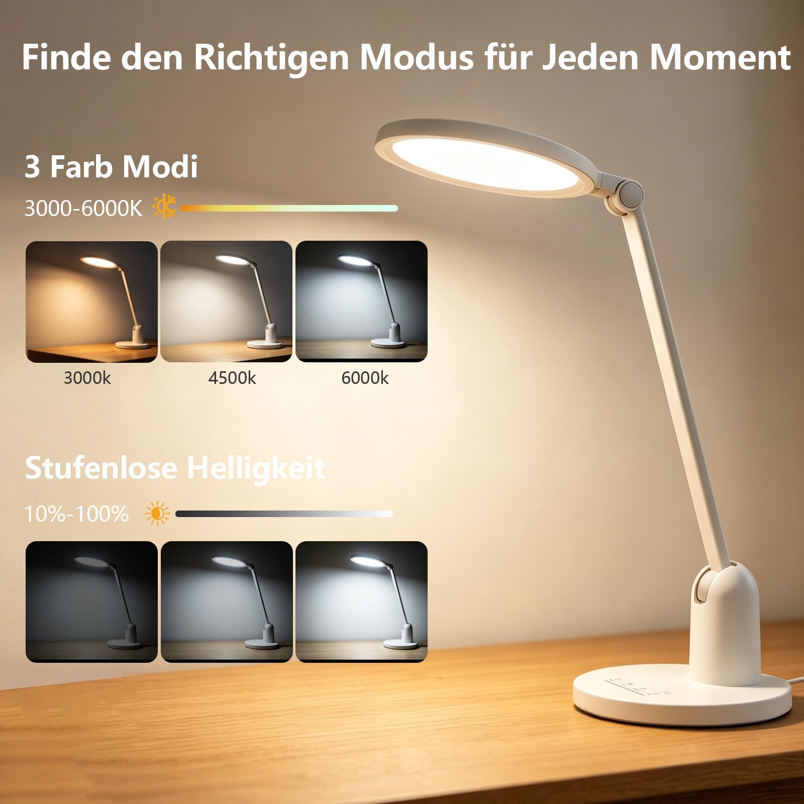 Coollamp Schreibtischlampe LED, Dimmbar Augenschutz Desk Lamp mit 3 Farbmodi, Touch Steuerung, Timer & Memory Tischlampen für Büroarbeit, Lesen, Basteln, Kinder (Weiß)