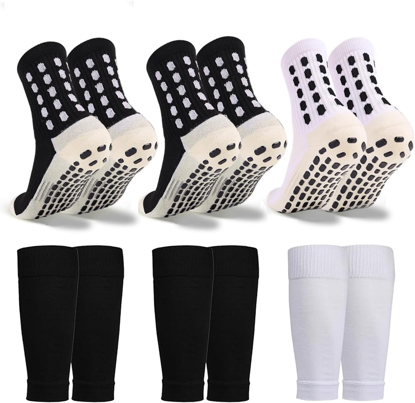 3 Set Kids Grip Soccer Socks and Shin Guard Sleeves for Youth Boys Girls Age 7-14 Non-Slip Football Basketball Training