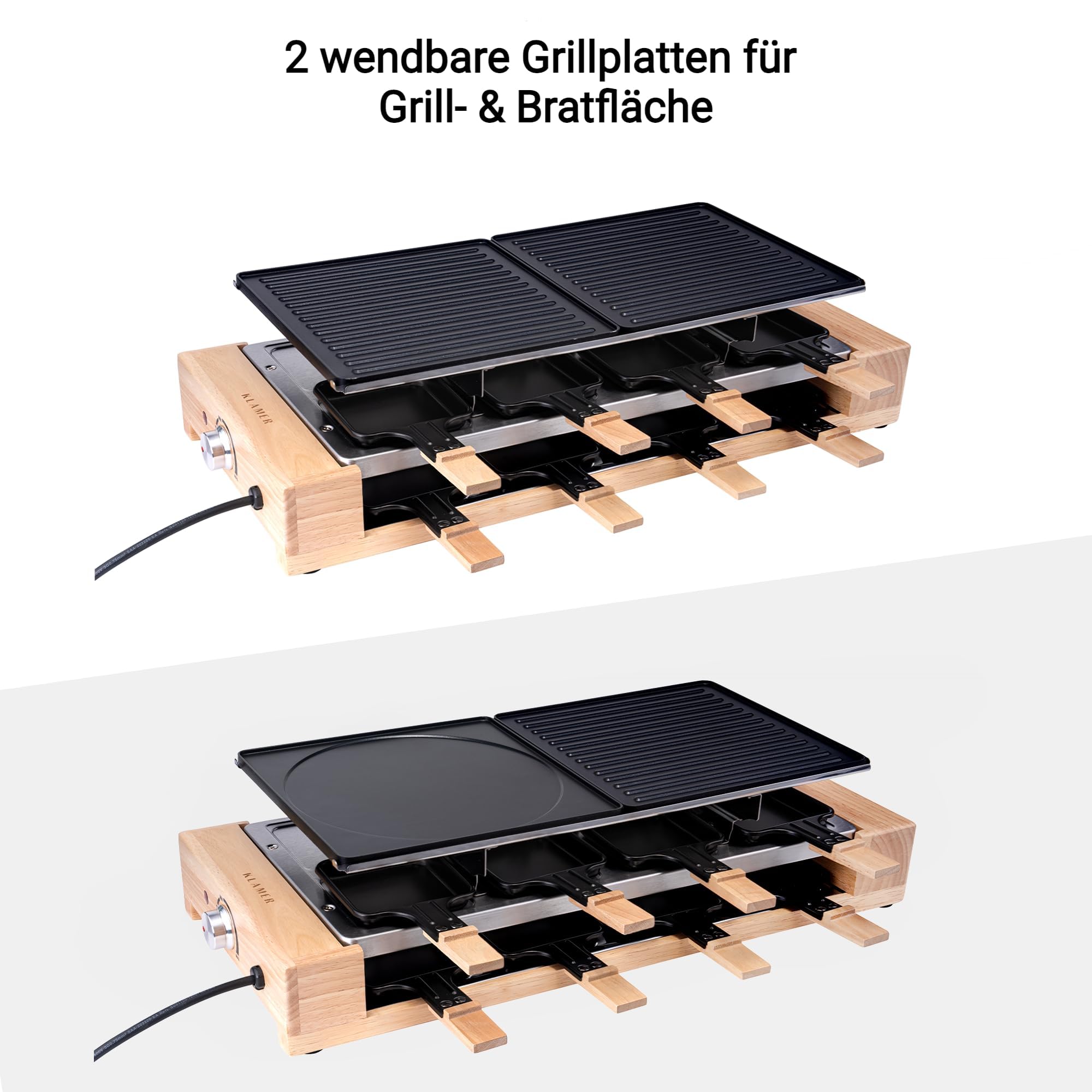 KLAMER Raclette Grill 8 Personen 1500 W mit Holzgestell & Parkdeck, Alu-Druckguss-Grillplatte antihaft, stufenlos regelbar, ILAG Beschichtung, Test „Sehr gut (1,4)“, deutsche Marke Berlin