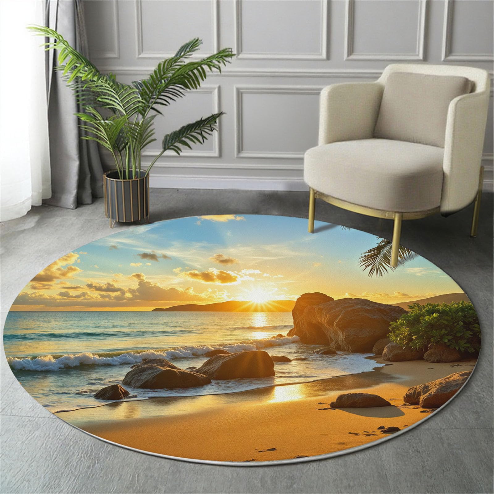 Tapis rond scène de plage jaune de 200cm style shaggy et antidérapant