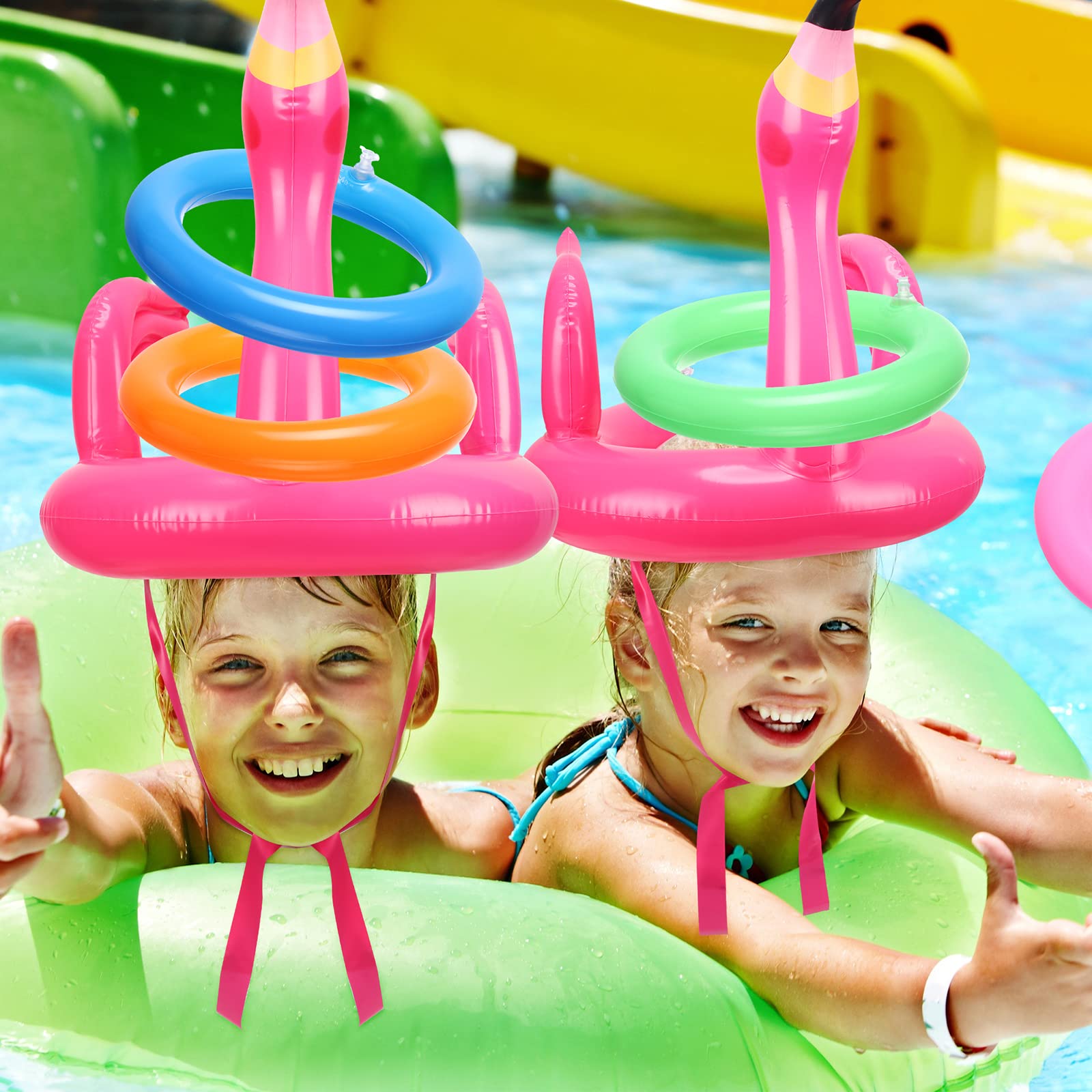 Jeu De Lancer Anneaux Flamingo Gonflable - 2 Chapeaux + 8 Anneaux Pour Fêtes Hawaïennes, Piscine Et Famille