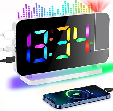 Digital Projection Alarm Clocks for Bedrooms,LED Mirror Digital Alarm Clocks with 180 Rotatable Projector, RGB Night Light,USB Charger Port, Auto Dimmer, Snooze function,FM radio function White