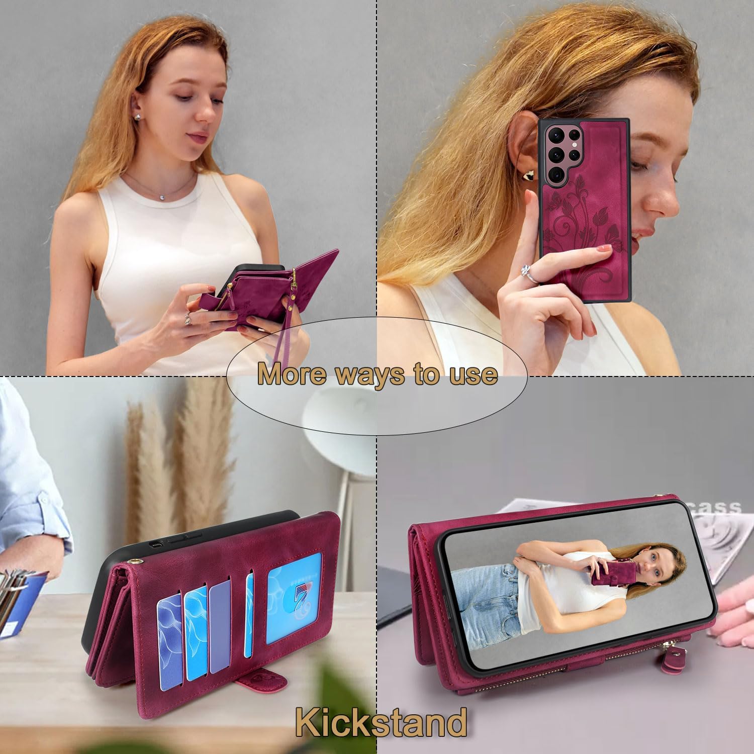 Lacass for Samsung Galaxy S22 Ultra Case [12 Card Slots] ID Credit Cash Holder Zipper Pocket Detachable Magnet Leather Wallet Cover Wrist Strap Lanyard (Floral Wine Red)