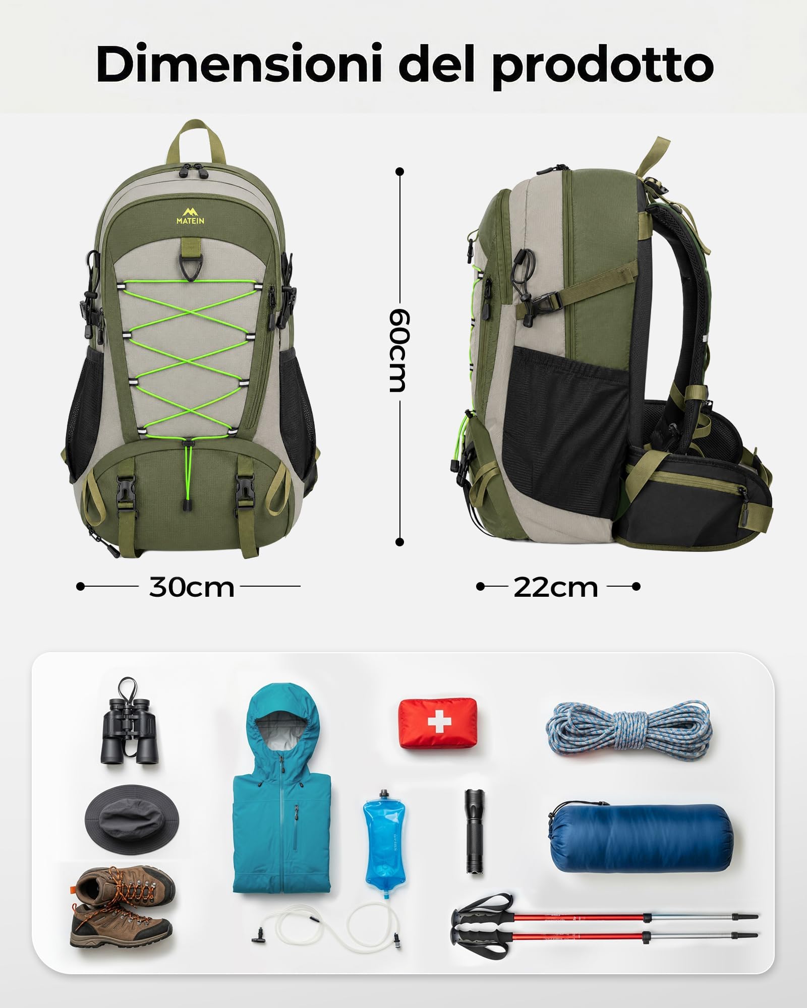 MATEIN Zaino Trekking 40L Uomo Donna, Scomparto Scarpe e Cintura Lombare | Zaino da Trekking Leggero, Include Copertura Antipioggia, per Hiking, Escursionismo, Campeggio e Outdoor, Verde militare