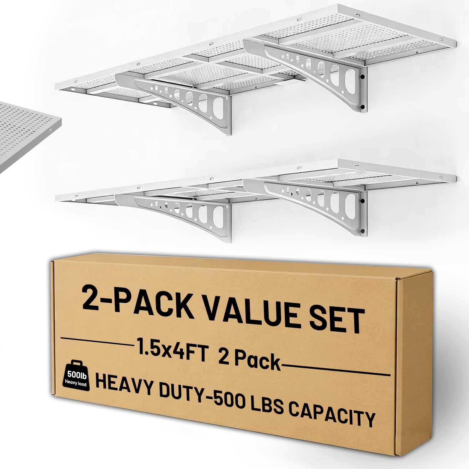 Cuguords 2-Pack 1.5x4ft Garage Shelving Heavy Duty, 500 Lbs Wall Mounted Storage Shelf, Solid Flat Panel Organizer With Complete Install Kit, White