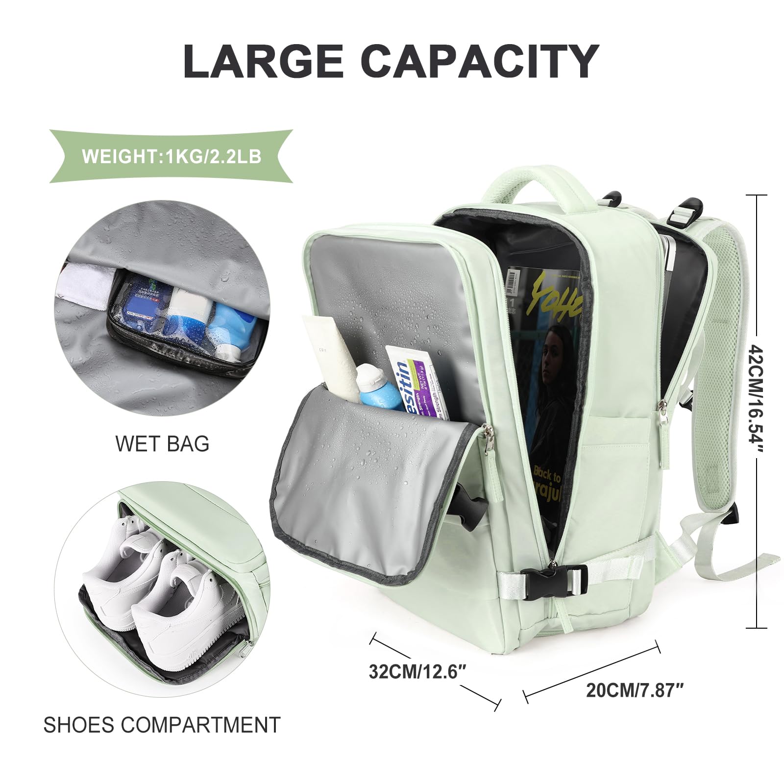 SZLX Zaino da viaggio grande da donna da viaggio zaino da escursionismo sportivo da esterno impermeabile zaino da scuola casual laptop da 14 pollici con porta di ricarica USB scomparto per scarpe