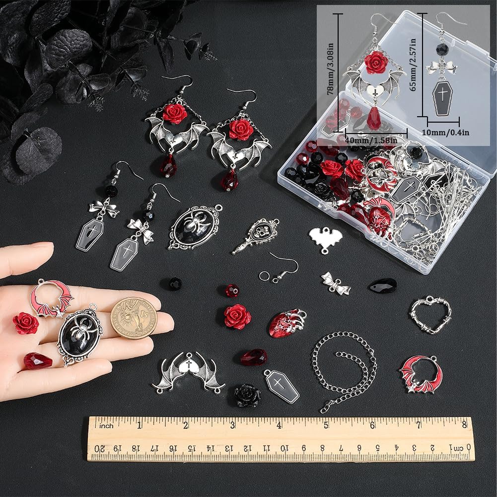 SUNNYCLUE 1 Box 10 Pairs Halloween Earrings Kits Coffin Charms Bulk Spider Bat Charm Black Red Gothic Skeletons Skull Charm Glass Beads for Jewelry Making Kits DIY Dangle Earrings Gift Supplies