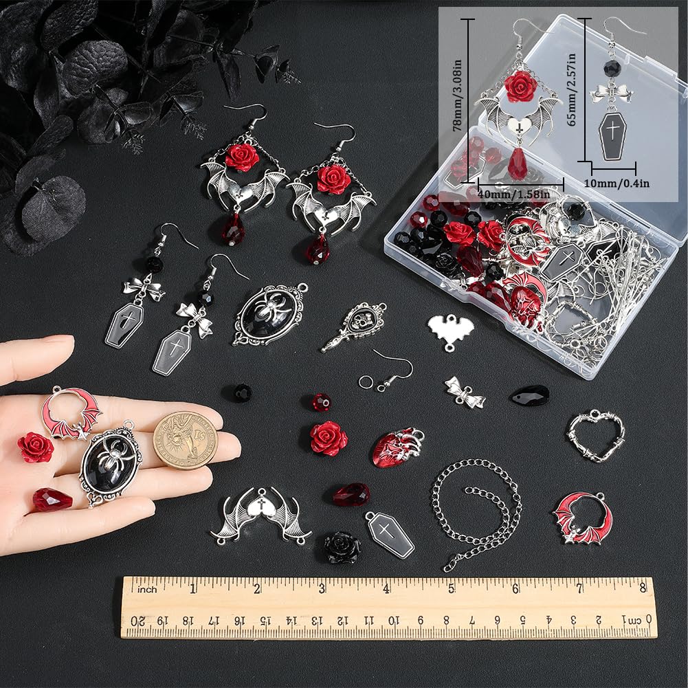 SUNNYCLUE 1 Box 10 works Halloween Earrings Kits Coffin Charms Bulk Spider Bat Charm Black Red Gothic Skeletons Skull Charm Glass Beads for jewellery Making Kits DIY Dangle Earrings Gift Supplies - Image 4