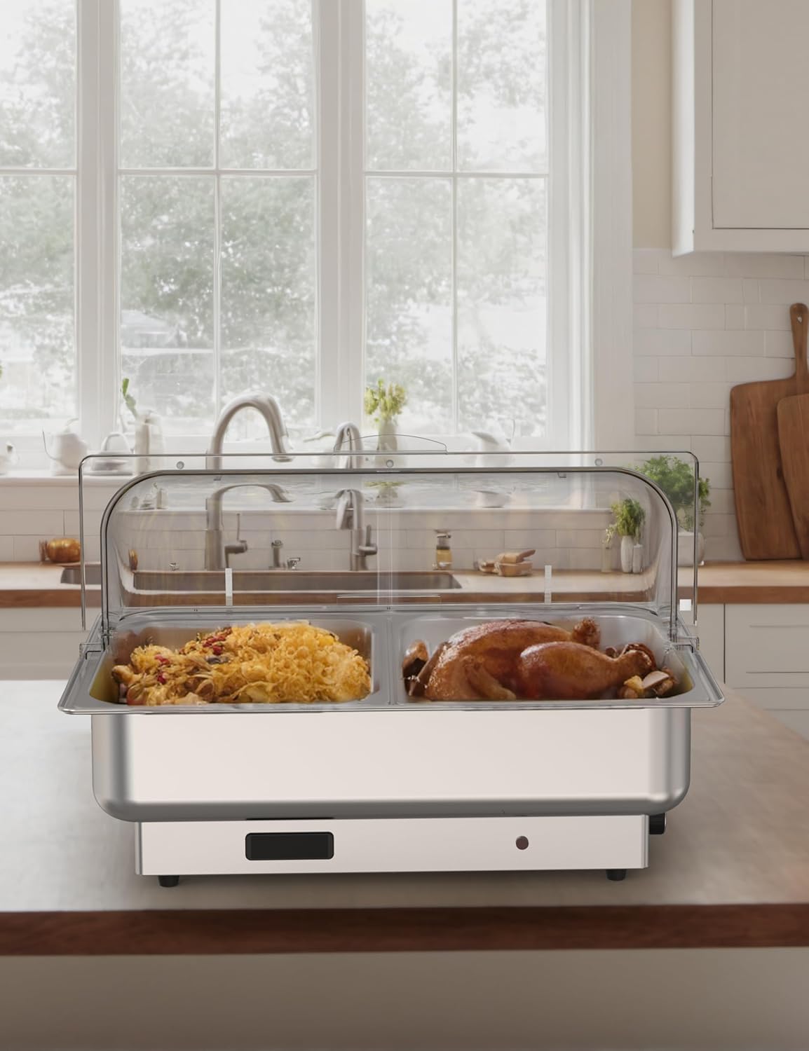 Garvee Electric Chafing Dish Buffet Set, 9 qt Roll Top Food Warmer With Transparent PC Lid, with 1 Full-Size Pan & 2 Half-Size Stainless Steel Chafer for Catering Parties(2 Packs)