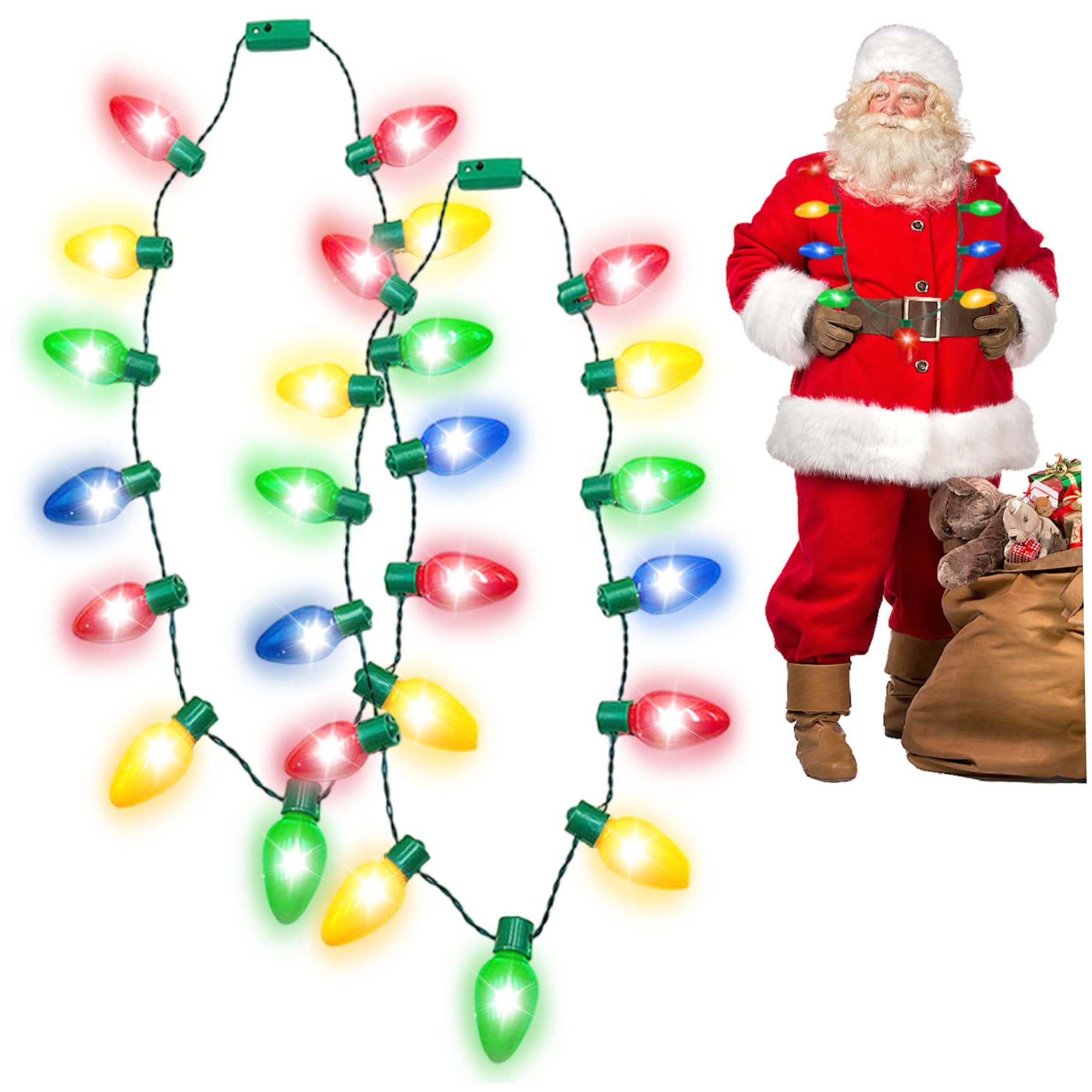 CAKEEYUM 2Pcs Christmas Light Necklace 13 LEDs Light Up Christmas Necklace with 3 Flash Modes Colorful Decorations for Festival Party Supplies, Up, L
